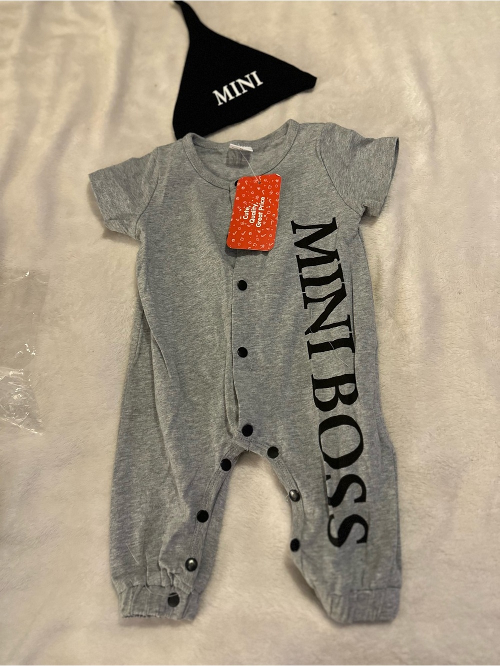 PatPat Gray 'MINI BOSS' Baby One-Piece with Black Hat